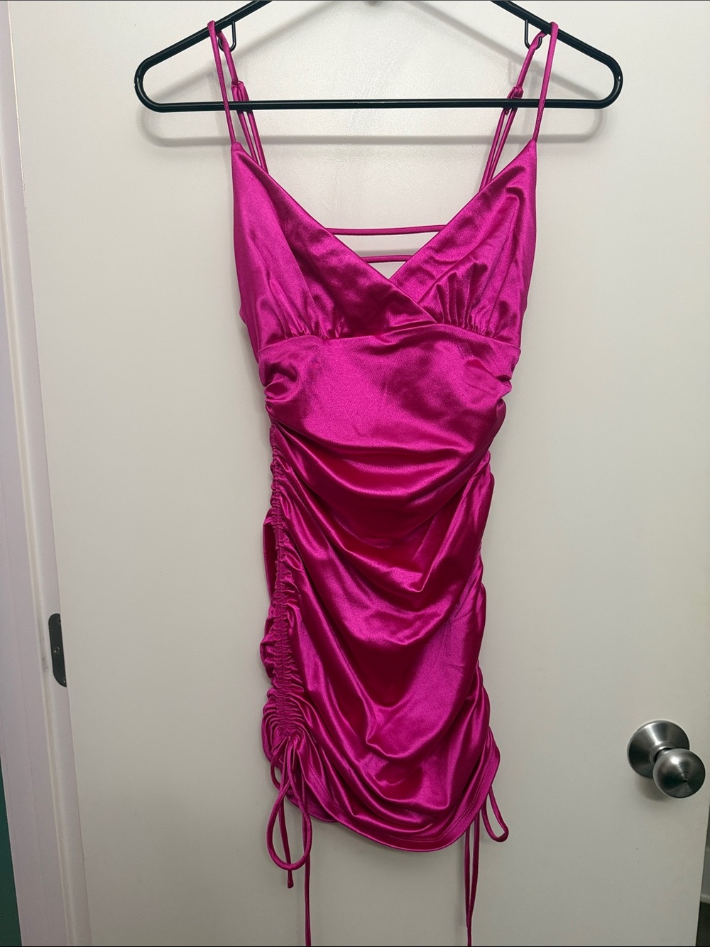 Crystal Doll Hot Pink Satin Ruched Mini Dress